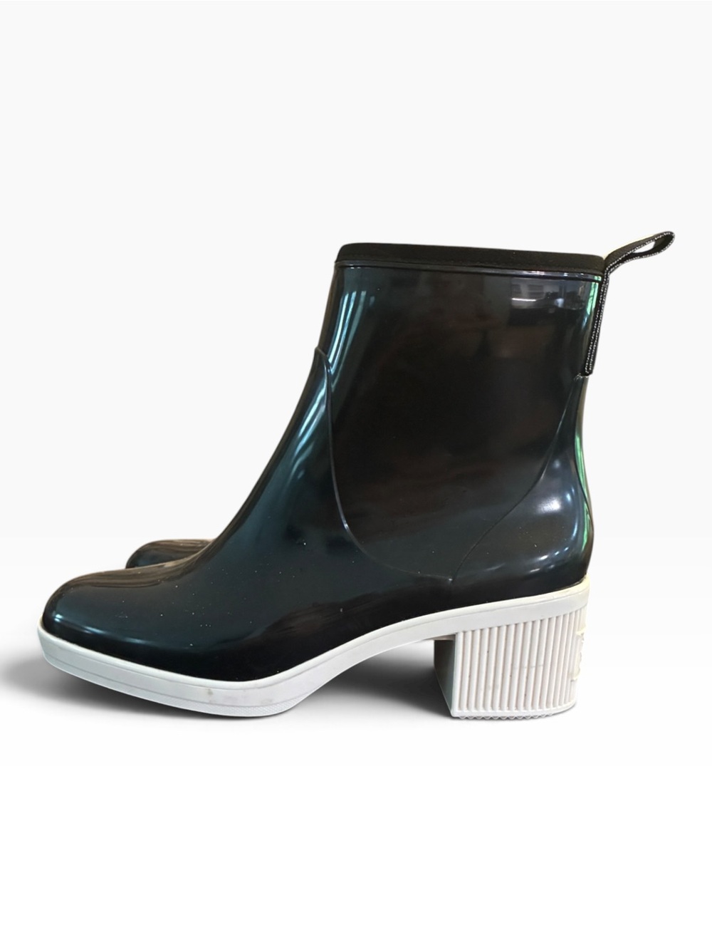 Kate Spade Puddle Rain Booties Black White Heeled Glossy Ankle Boots Size 8